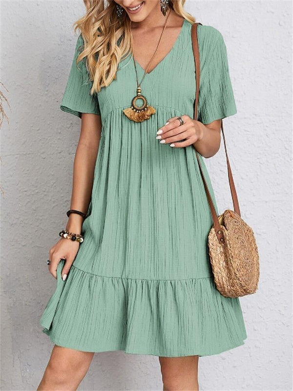 VintageMuse - Boho V-Neck Ruffle Hem Mini Dress