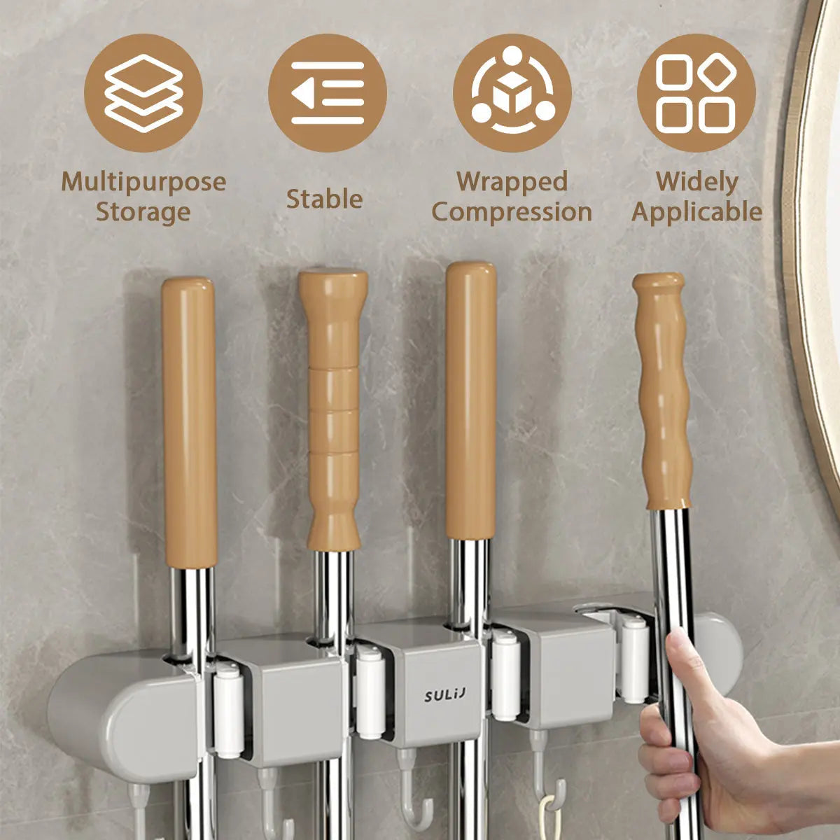 Wall-Mounted Mop and Broom Holder with Hooks (Multi-Slot Organizer)