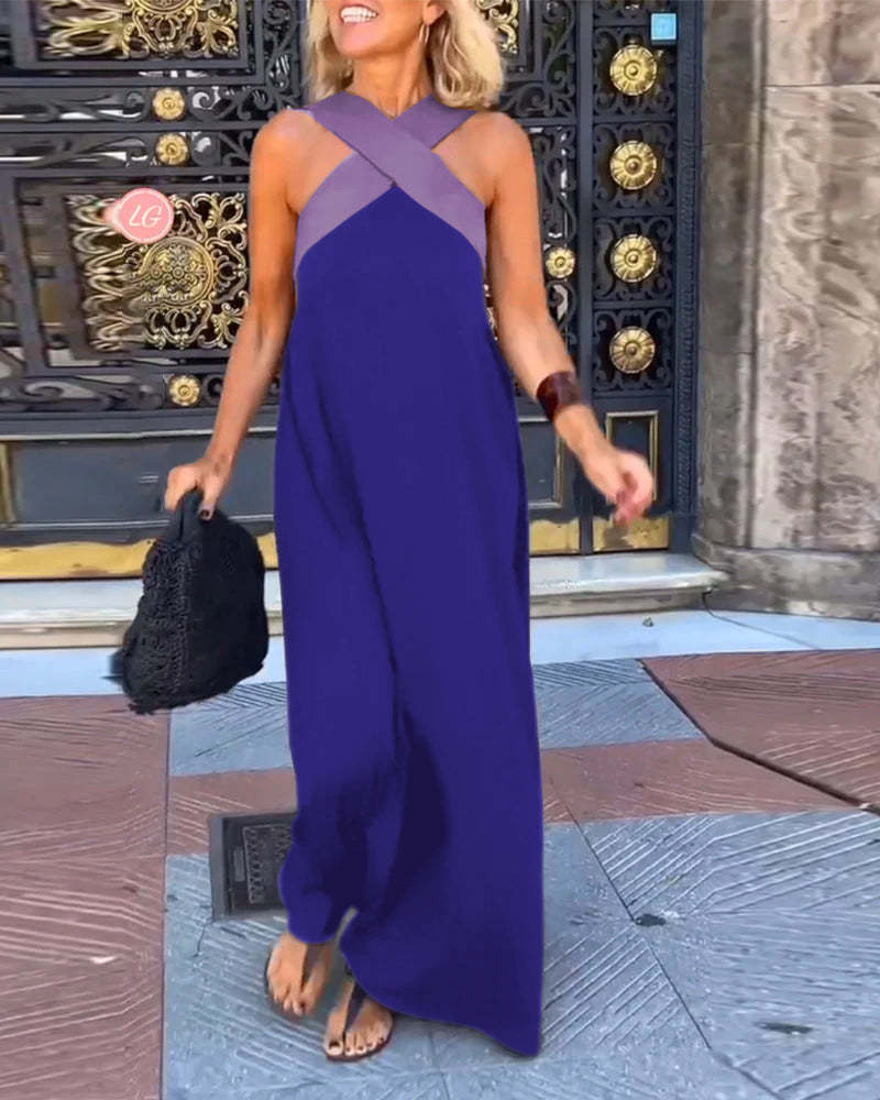 GlowGoddess — Elegáns keresztpántos, nyakbakötős, széles szárú női overál