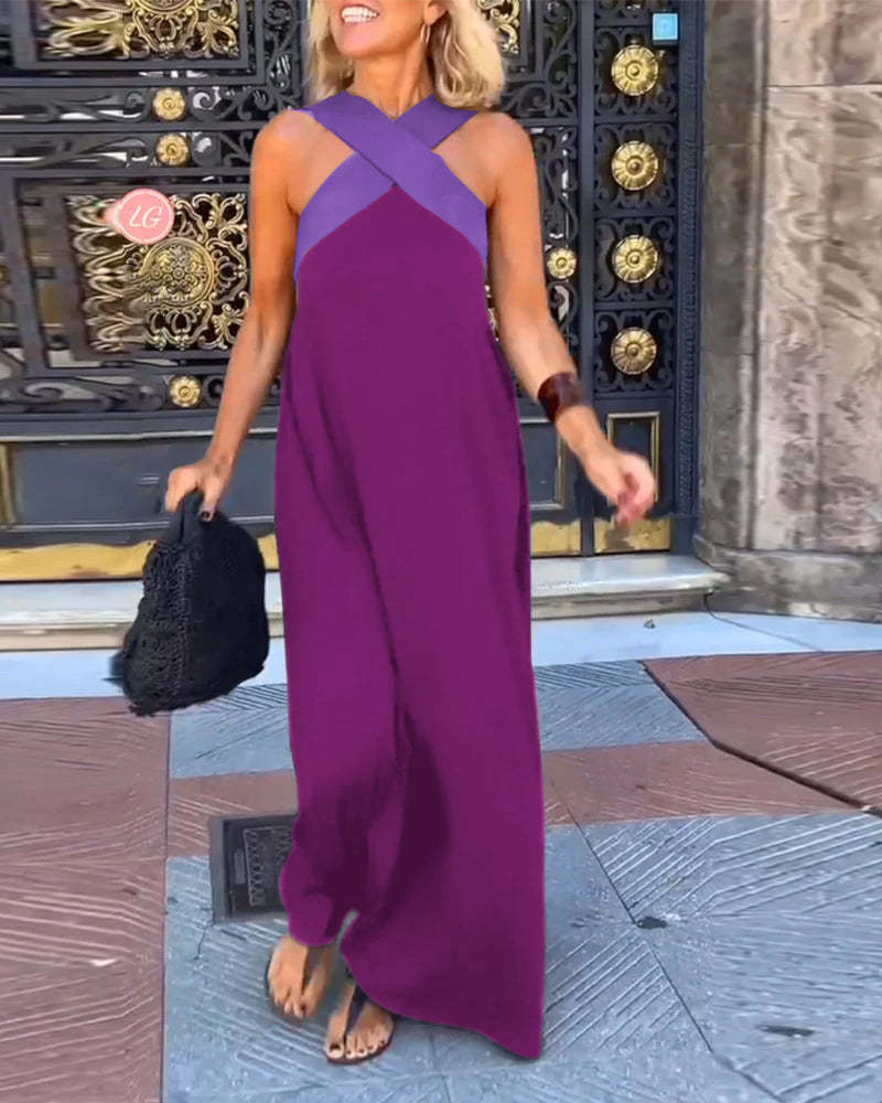 GlowGoddess — Elegáns keresztpántos, nyakbakötős, széles szárú női overál