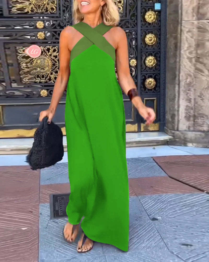 GlowGoddess — Elegáns keresztpántos, nyakbakötős, széles szárú női overál