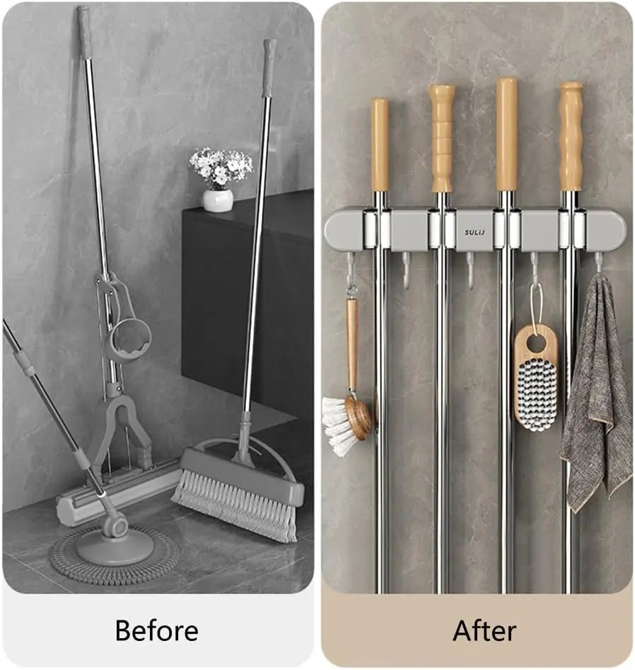 Wall-Mounted Mop and Broom Holder with Hooks (Multi-Slot Organizer)