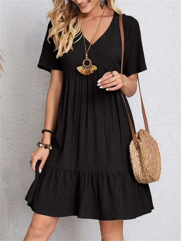 VintageMuse - Boho V-Neck Ruffle Hem Mini Dress