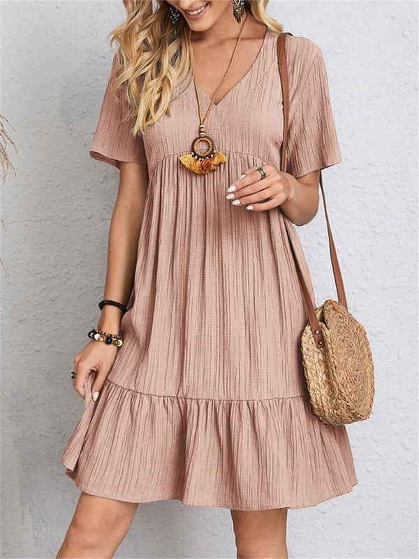 VintageMuse - Boho V-Neck Ruffle Hem Mini Dress