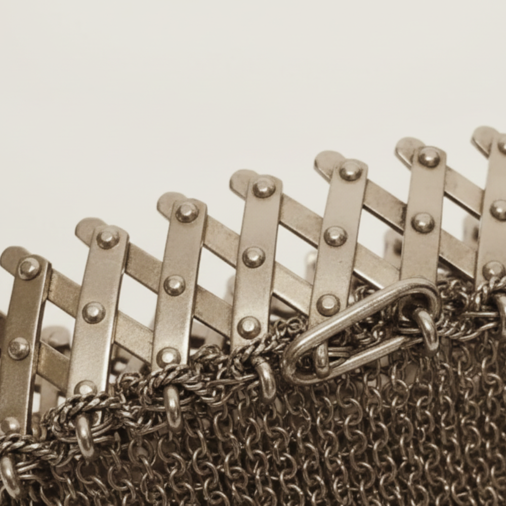 Bolsa de noite estilo vintage em malha metálica com alça de corrente