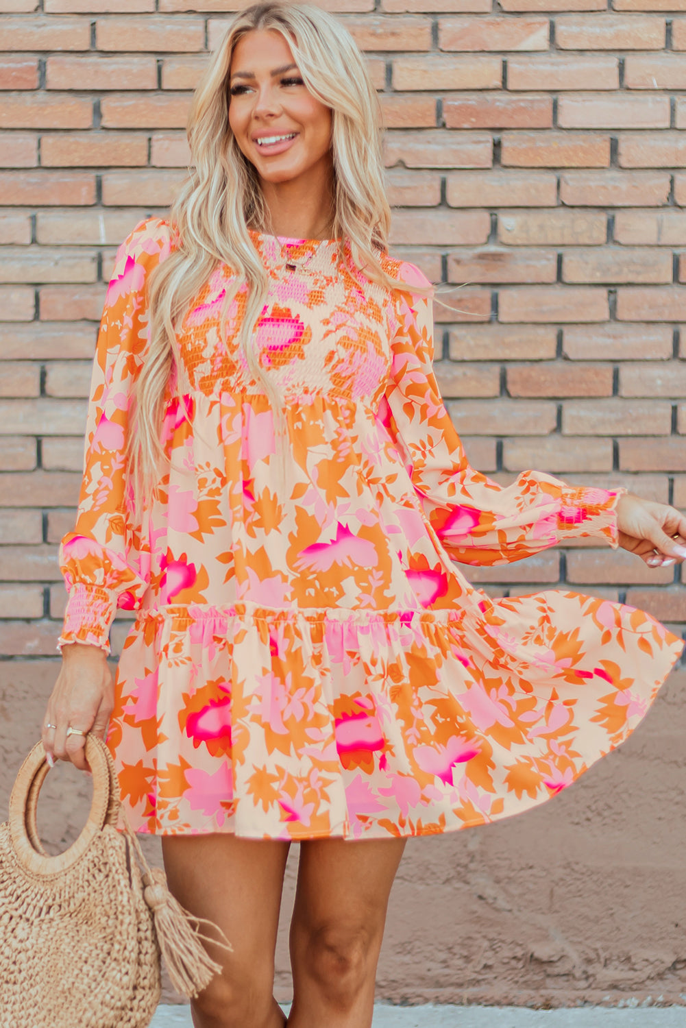 Elegant orange flared mini dress with smocked lantern sleeves for women