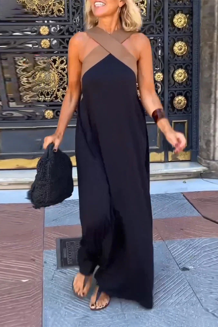 GlowGoddess— Elegant Cross-Halter Wide-Leg Jumpsuit