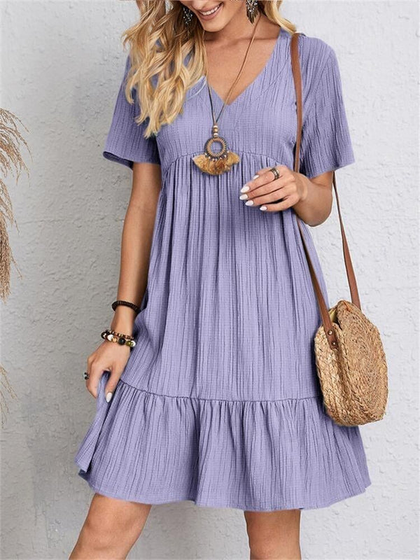 VintageMuse - Boho V-Neck Ruffle Hem Mini Dress
