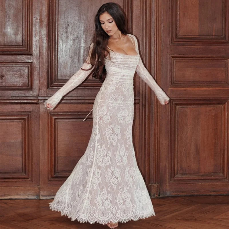 Long Lace Dress with Drawstring Waist and Shawl