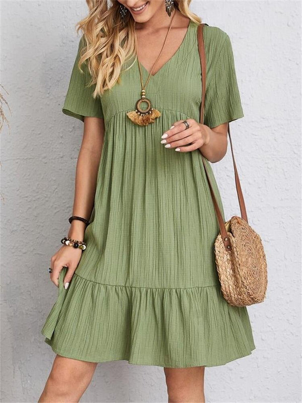 VintageMuse - Boho V-Neck Ruffle Hem Mini Dress