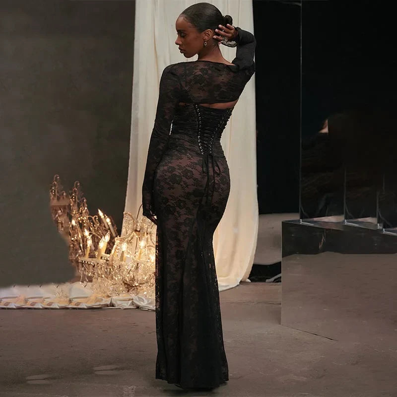 Long Lace Dress with Drawstring Waist and Shawl