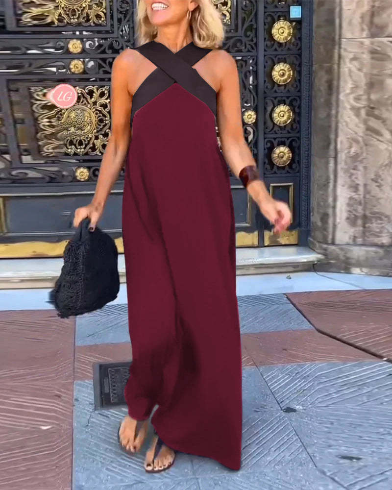 GlowGoddess — Elegáns keresztpántos, nyakbakötős, széles szárú női overál