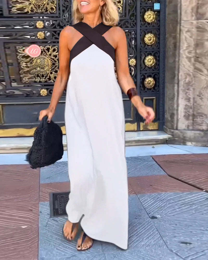 GlowGoddess — Elegáns keresztpántos, nyakbakötős, széles szárú női overál