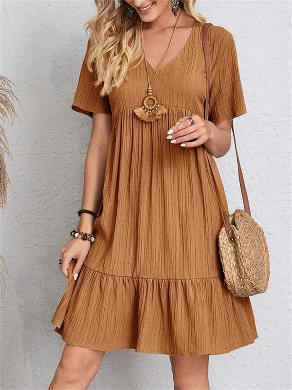 VintageMuse - Boho V-Neck Ruffle Hem Mini Dress
