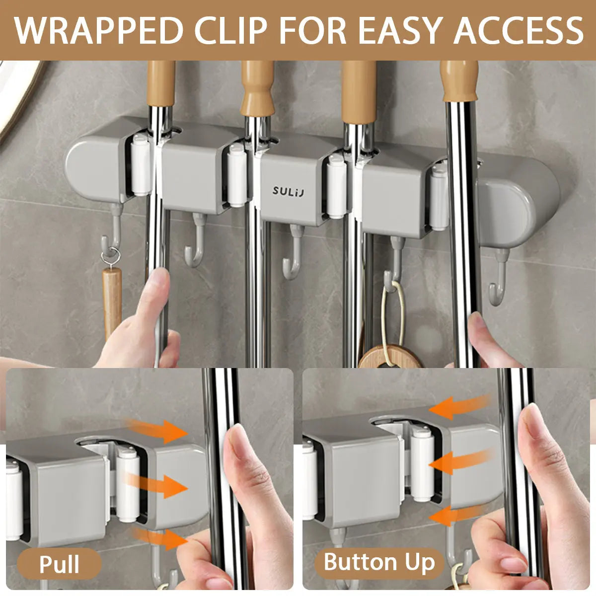 Wall-Mounted Mop and Broom Holder with Hooks (Multi-Slot Organizer)