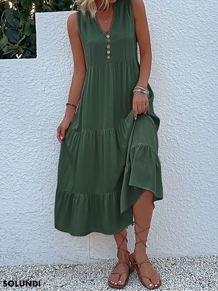 Heidi – midimittainen röyhelömekko napituksella edessä