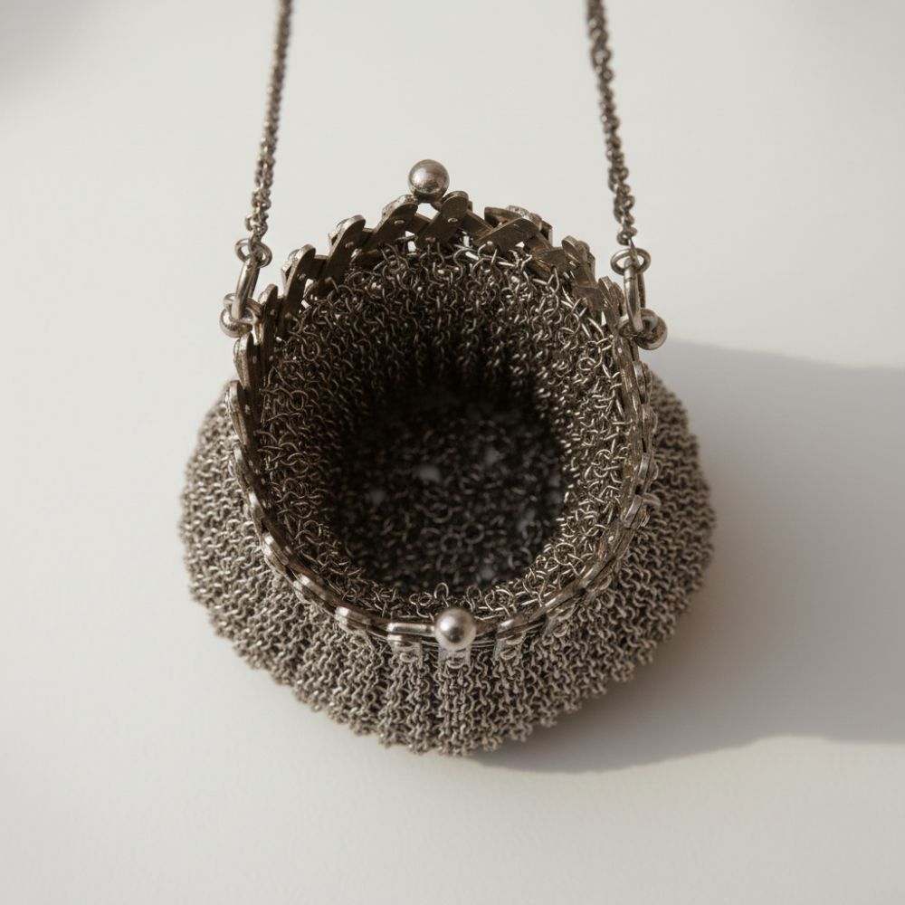 Bolsa de noite estilo vintage em malha metálica com alça de corrente