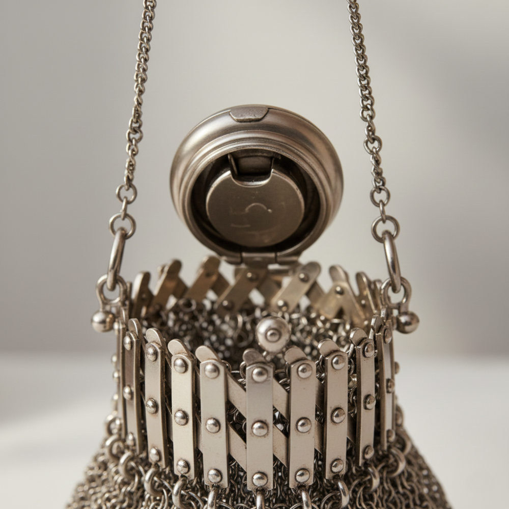 Bolsa de noite estilo vintage em malha metálica com alça de corrente