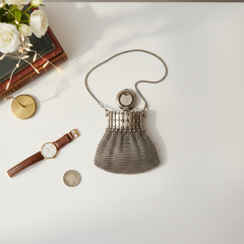 Bolsa de noite estilo vintage em malha metálica com alça de corrente