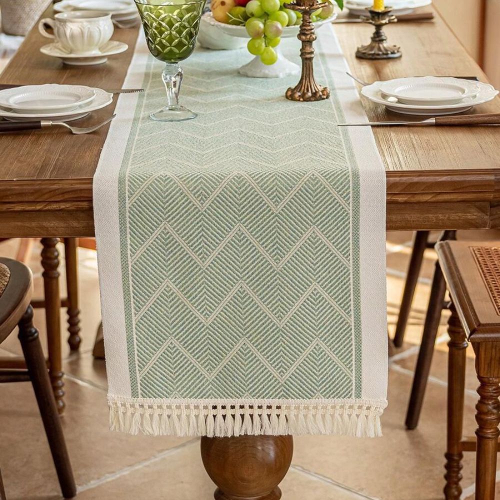 LoomÉtoile – Woven Zigzag Table Runner with Fringe