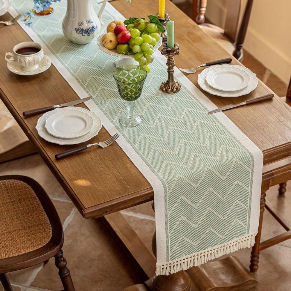 LoomÉtoile – Woven Zigzag Table Runner with Fringe