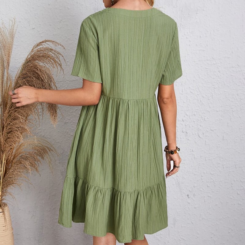 VintageMuse - Boho V-Neck Ruffle Hem Mini Dress