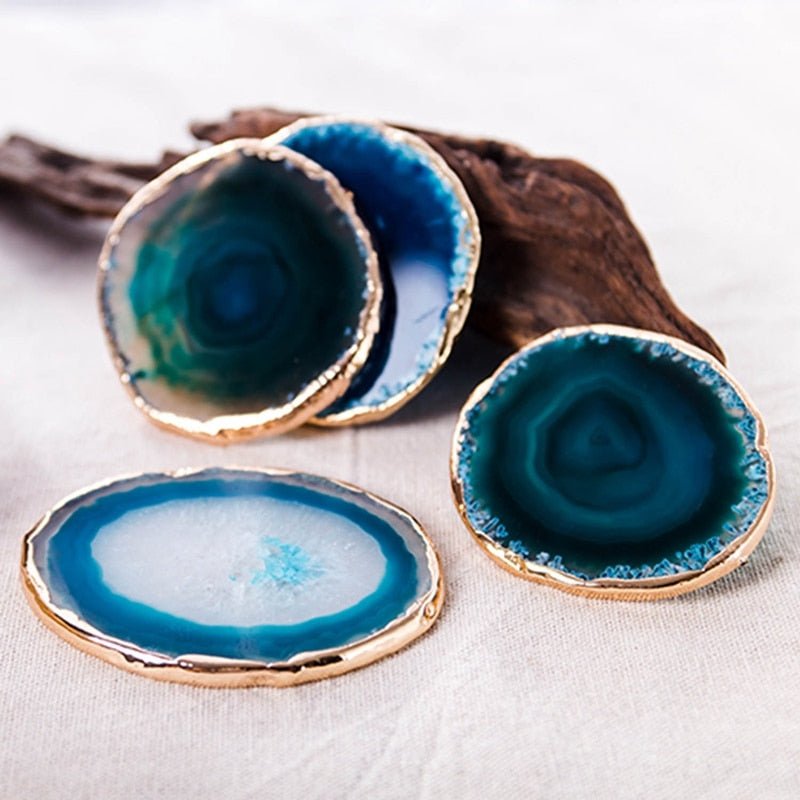 AgateLux – Blue Agate Coaster Set with Gold Edge