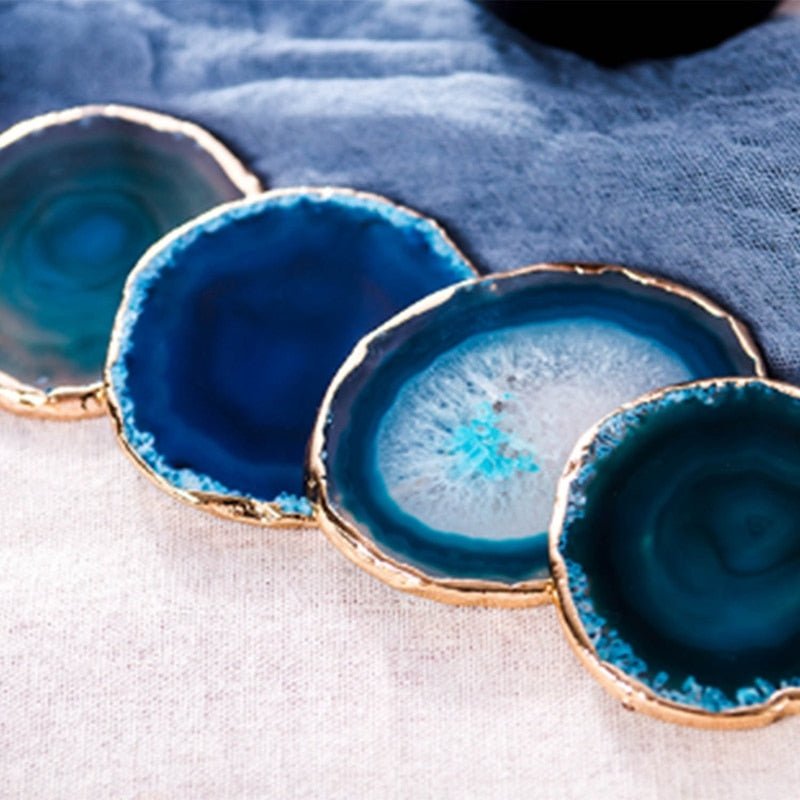 AgateLux – Blue Agate Coaster Set with Gold Edge