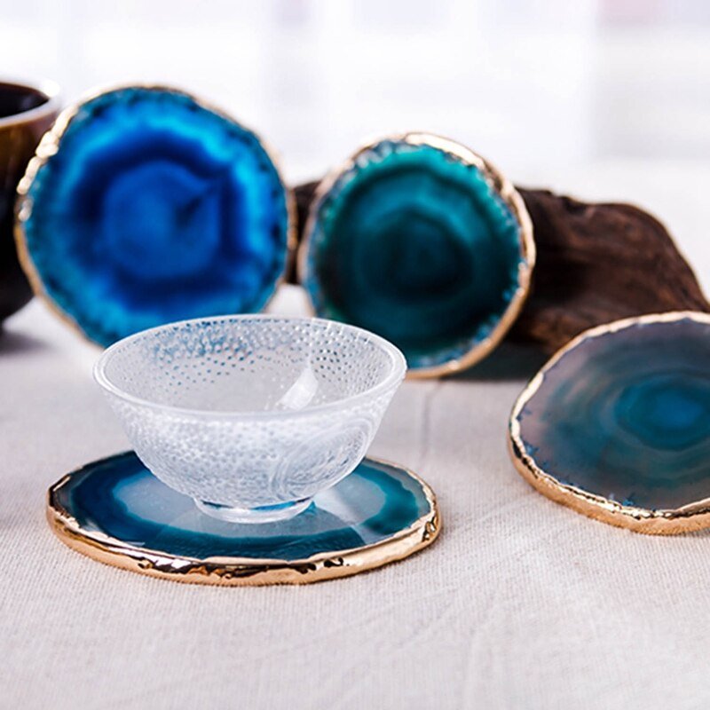 AgateLux – Blue Agate Coaster Set with Gold Edge