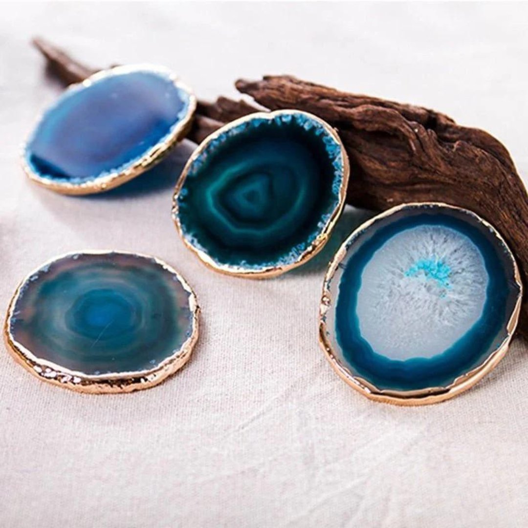 AgateLux – Blue Agate Coaster Set with Gold Edge
