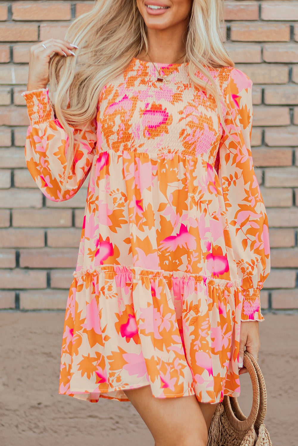 Elegant orange flared mini dress with smocked lantern sleeves for women