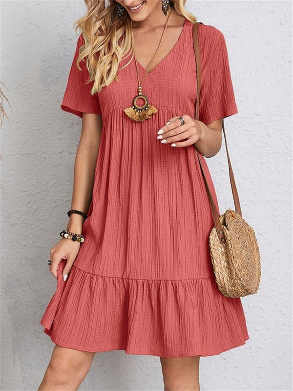 VintageMuse - Boho V-Neck Ruffle Hem Mini Dress