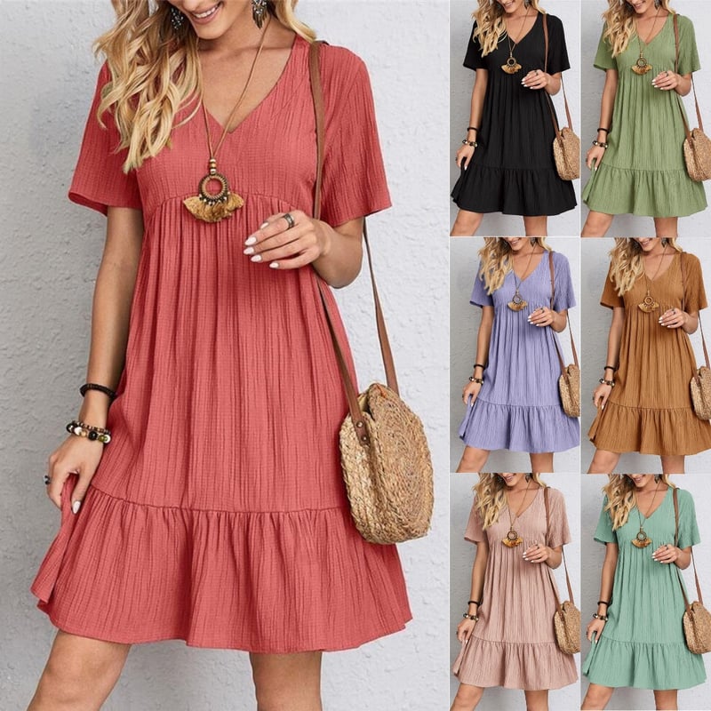 VintageMuse - Boho V-Neck Ruffle Hem Mini Dress