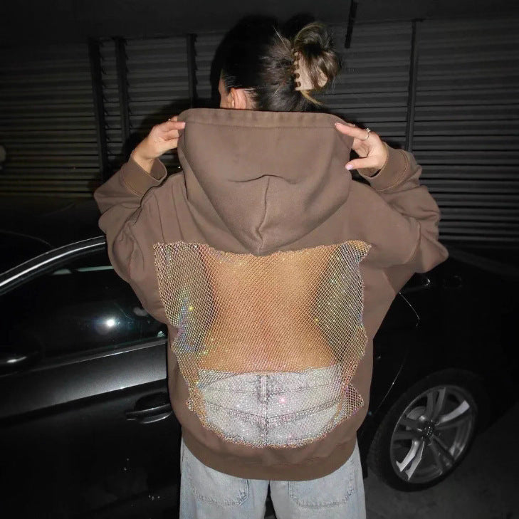 AuraVibe - Sweat à capuche oversize pour femme avec panneau arrière en strass